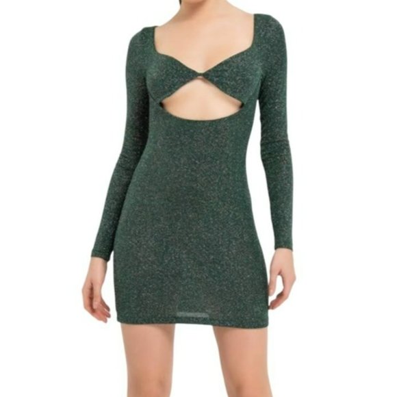 KikiRiki Long Sleeve Front Cutout Glitter Mini Dress Green Size Small NWT - Picture 1 of 2